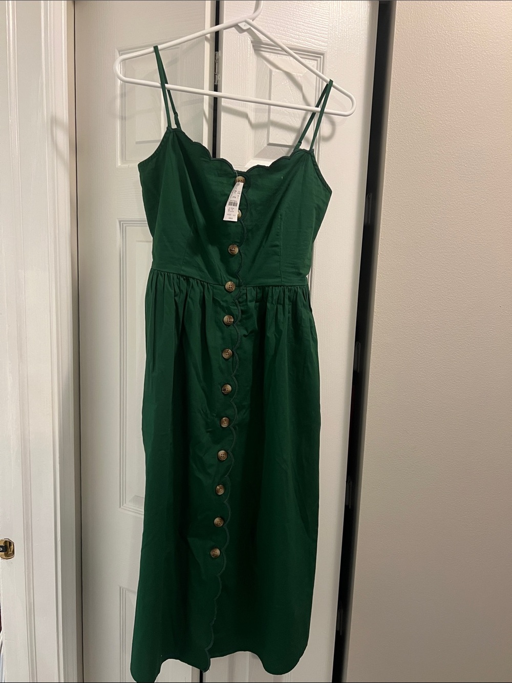 J. Crew Deep Green Scalloped-Front Button Midi Dress BNWT